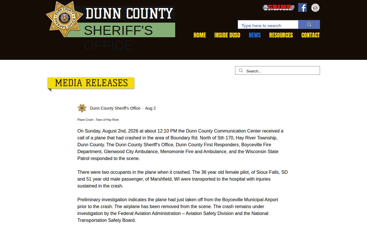 Dunn County Sheriff media release and arrest news source