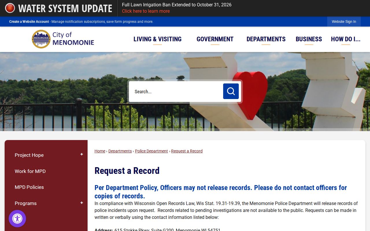 Menomonie Police Department records request page for arrest and record requests